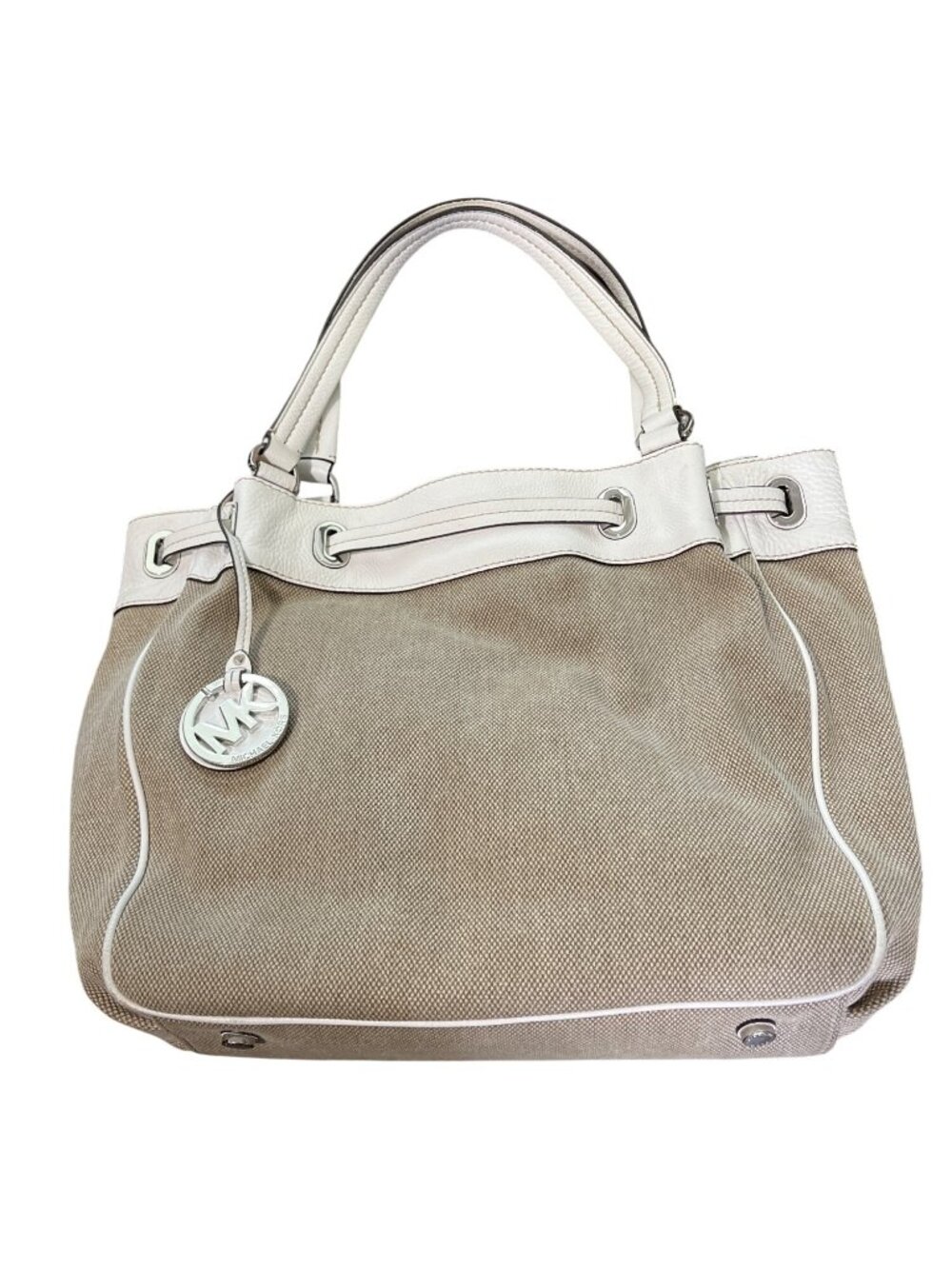 Michael Kors Canvas Leather Bucket Bag Tan White Drawstring Close Tote Dust-Bag - Picture 2 of 7